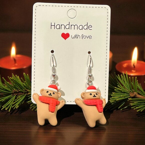 Handmade Teddy Bear Earrings | Christmas Earrings | Polymer Clay Holiday Jewelry - Picture 8 of 8
